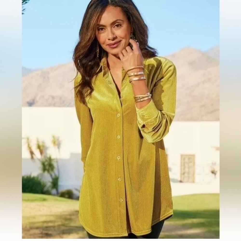 Soft Surroundings Textured Velvet Boyfriend Shirt Amber Green Size 3X NWT!